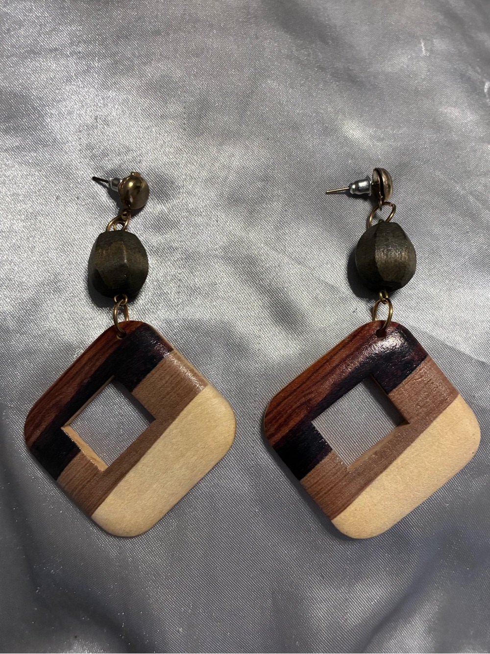 Wood Mosaic Drop Earrings – Boho Safari Style